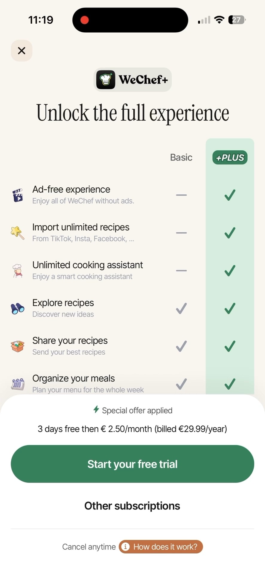 Écran de souscription WeChef+ comparant Basic et Plus avec offre spéciale 3 jours gratuits.